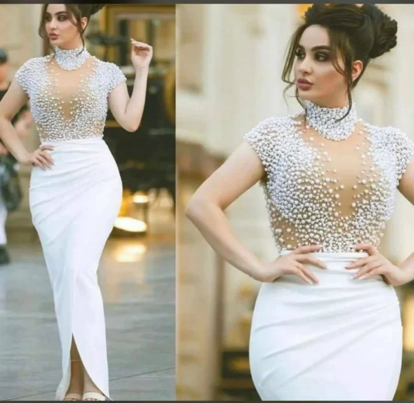⁦فستان سهرة فاخر بتطريز لؤلؤي أنيق⁩ - الصورة ⁦4⁩